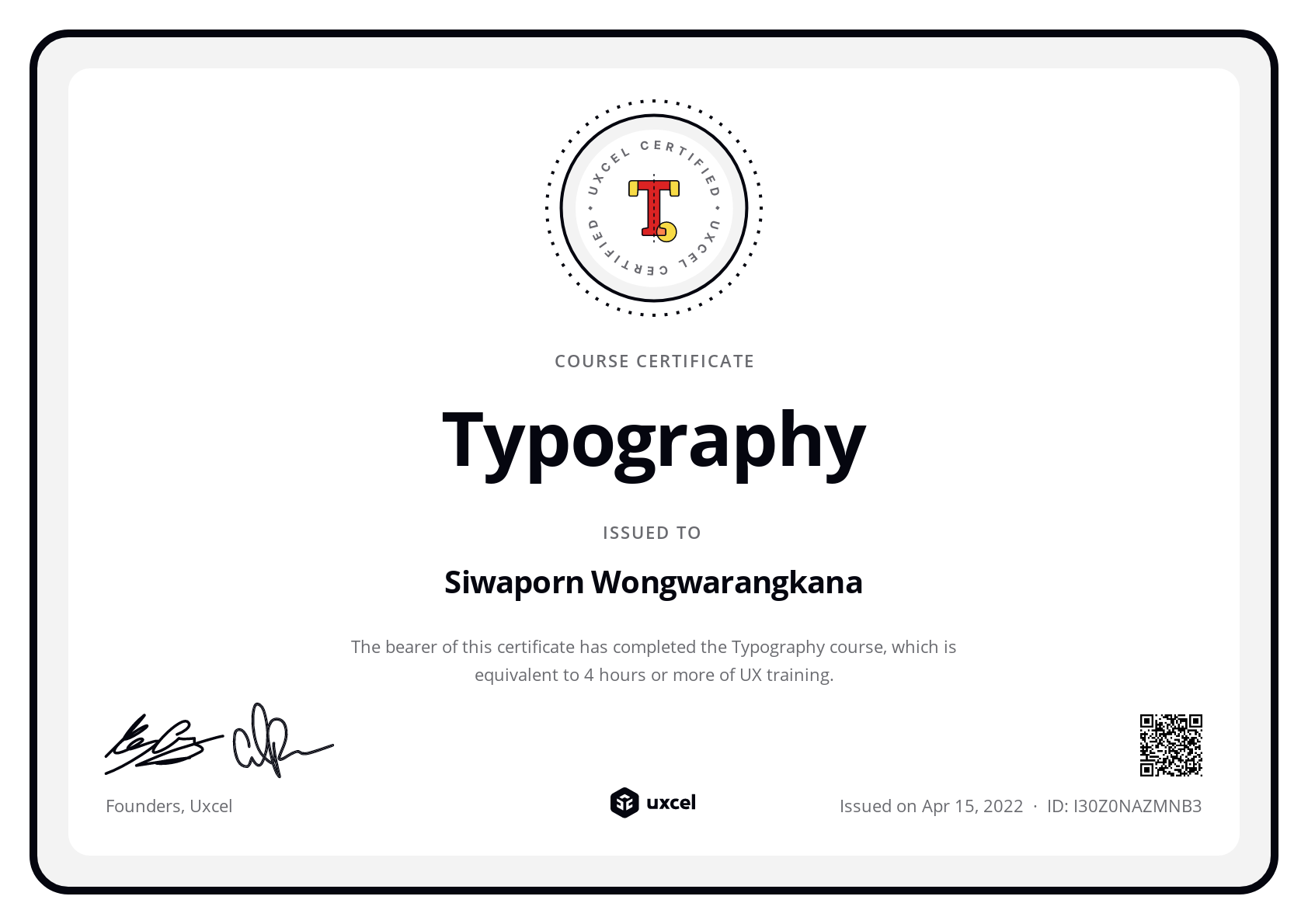 Siwaporn Wongwarangkana's certificate